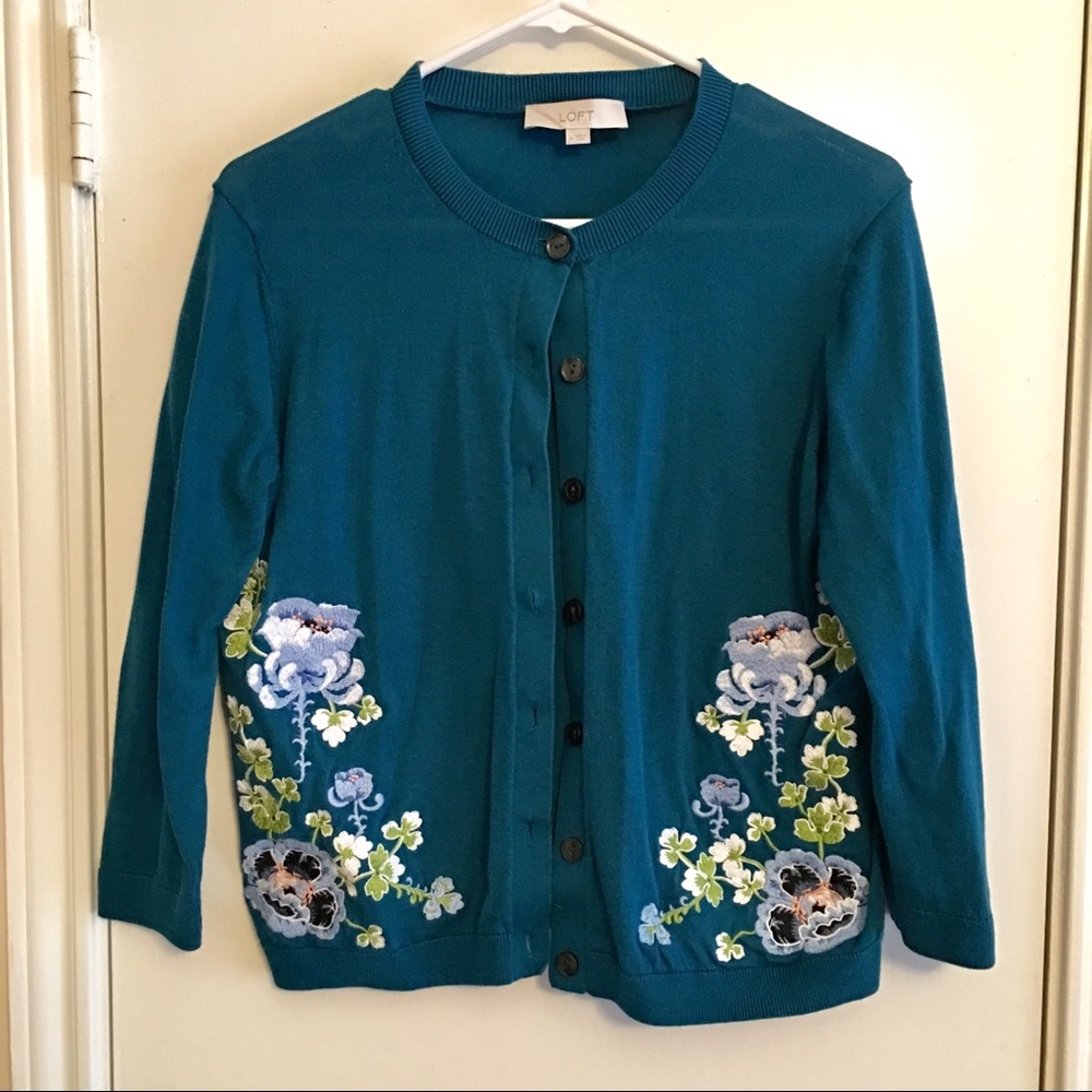 LOFT teal green floral cardigan